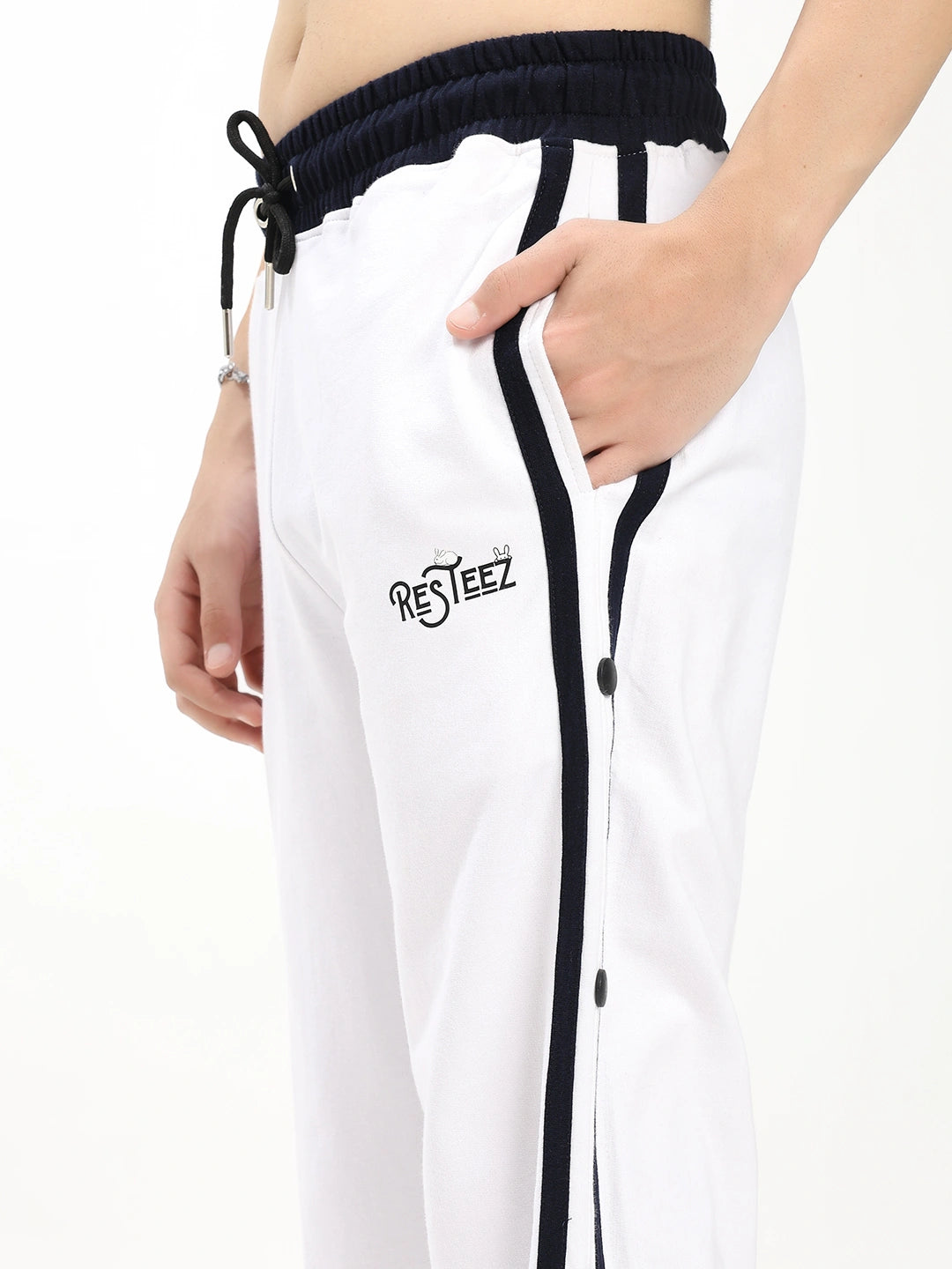 Resteez Men's Premium White Tearaway Track Pant | Side Snap Button Track Pants