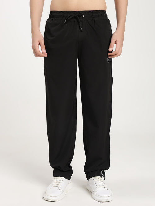Men's Black Relaxed Fit Track Pants with Contrast Piping & Drawstring Waist