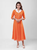 Women's A-Line Midi Dress with Contrast Collar, Front Button Detailing & 3/4 Sleeves