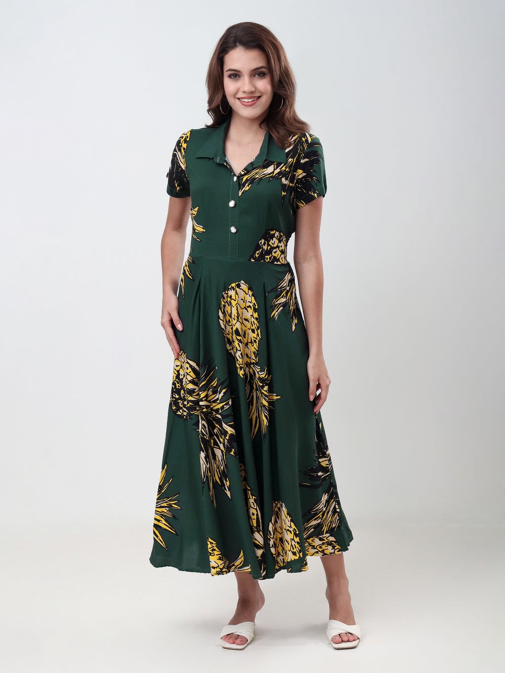 Women's Printed Collared A-Line Midi Dress with Short Sleeves & Button Detail