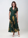 Women's Printed Collared A-Line Midi Dress with Short Sleeves & Button Detail