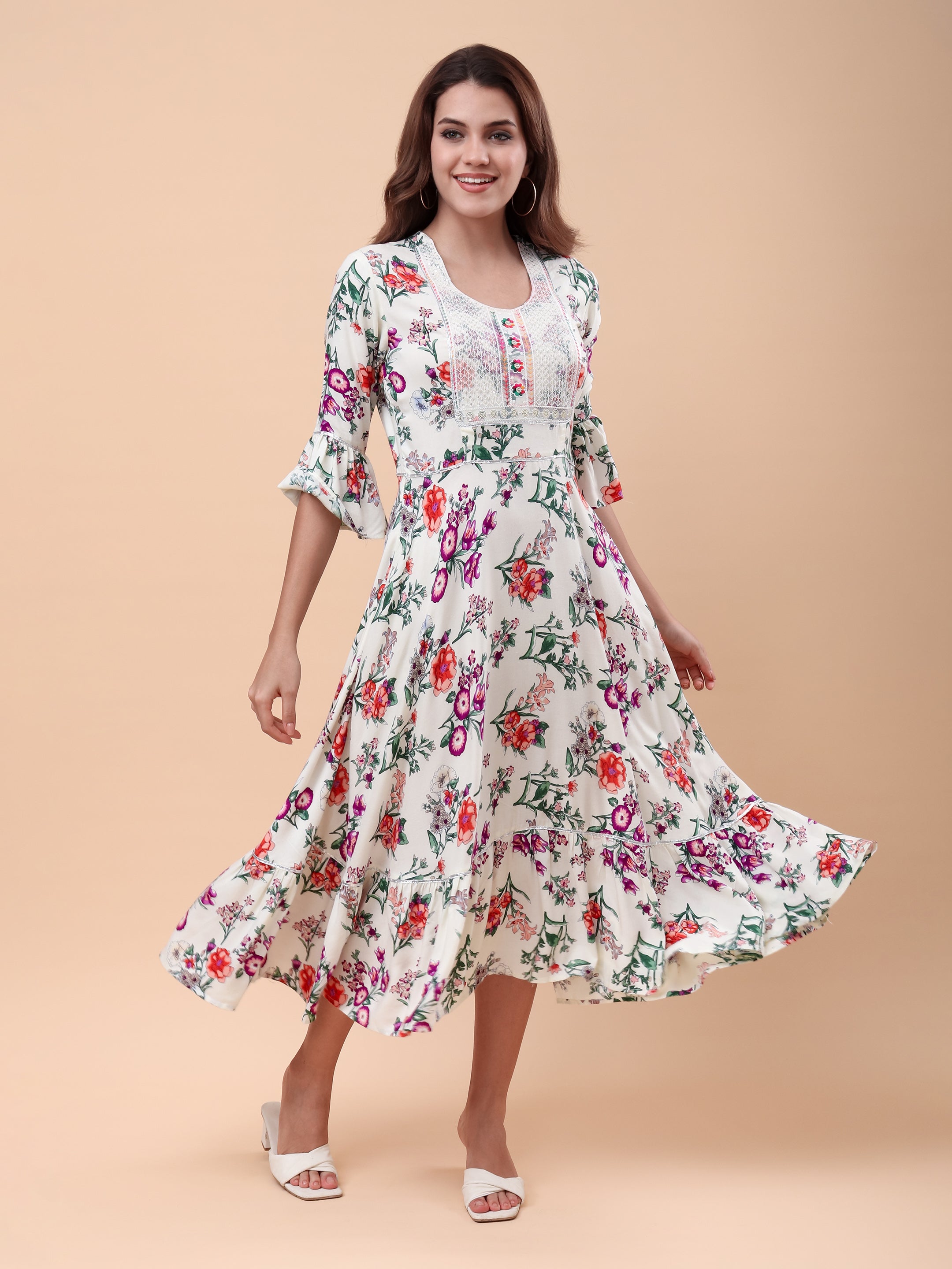 Women's Floral Print Midi Dress with Lace Yoke, Bell Sleeves & Flared Hem Casual Fit