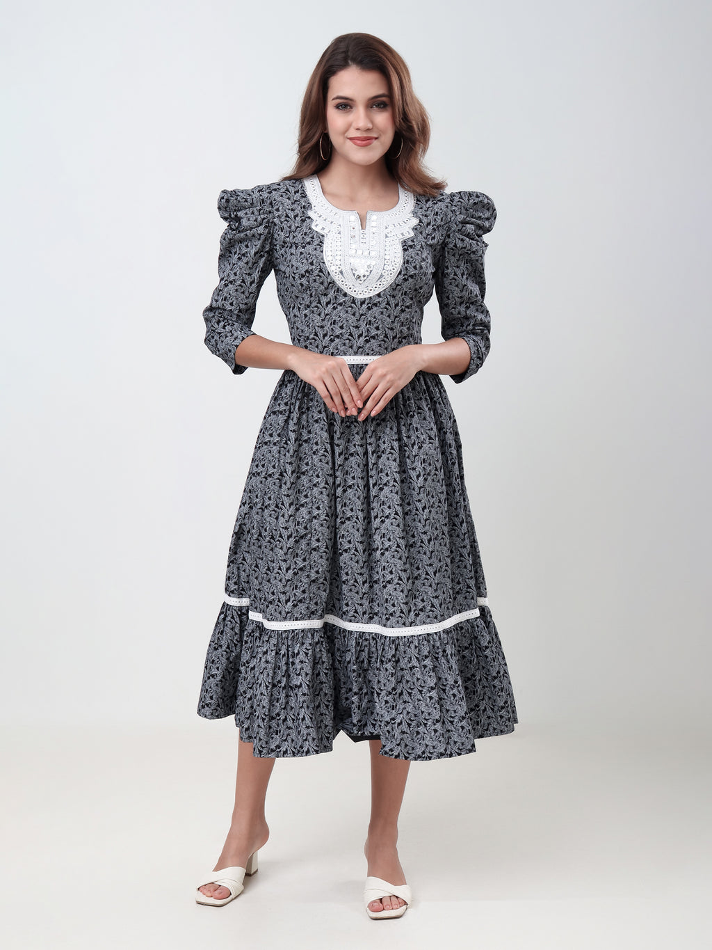 Women's Floral Printed A-Line Midi Dress with Puff Sleeves & Embroidered Round Neck