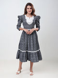 Women's Floral Printed A-Line Midi Dress with Puff Sleeves & Embroidered Round Neck