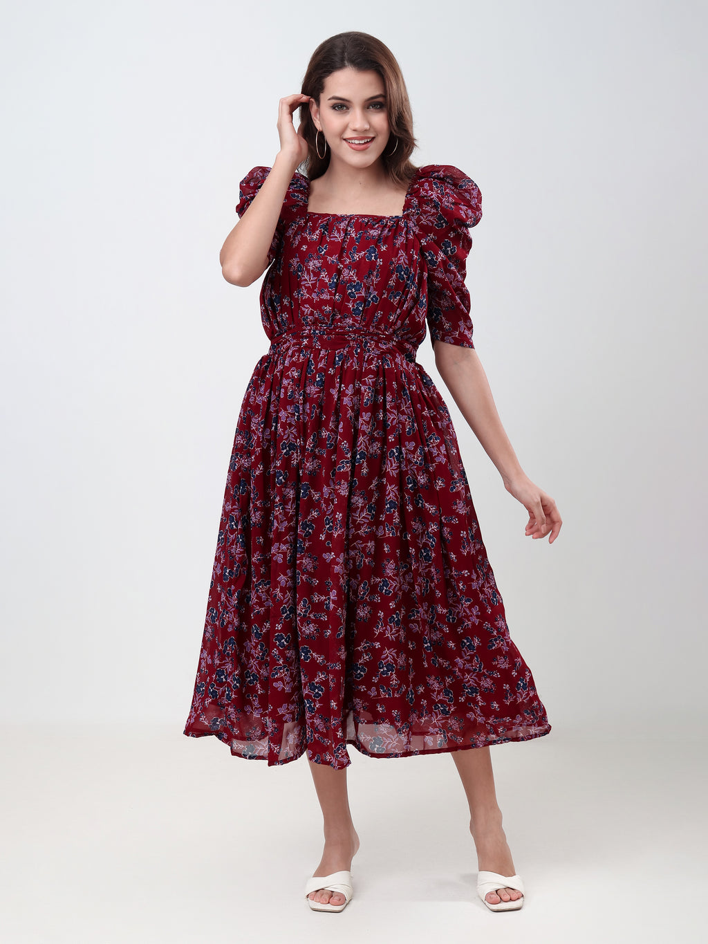 Women's Floral Printed Fit & Flare Midi Dress with Square Neck & Puff Sleeves