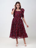 Women's Floral Printed Fit & Flare Midi Dress with Square Neck & Puff Sleeves
