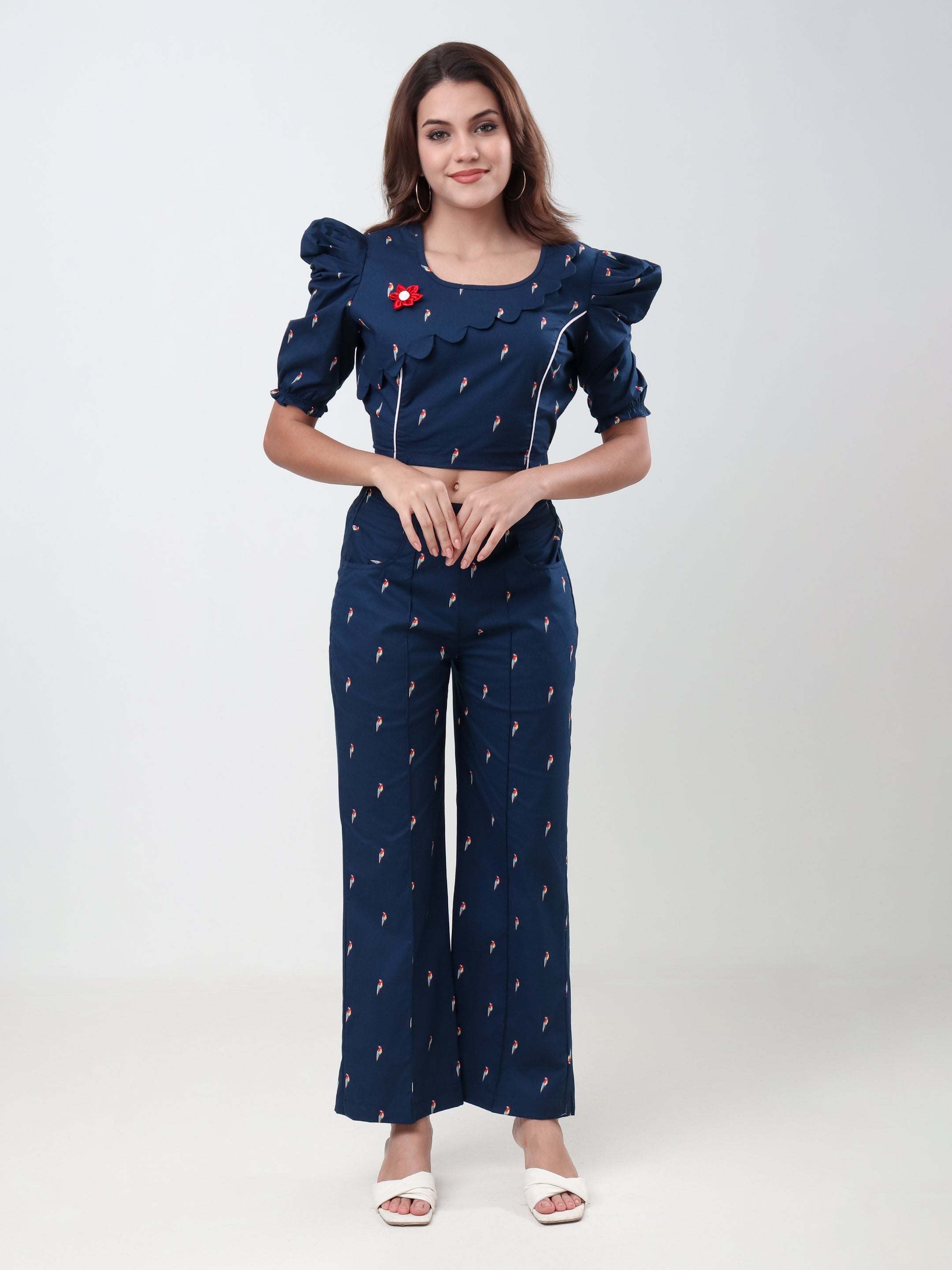 Women's Printed Crop Top & Wide Leg Pants Co-Ord Set with Puff Sleeves