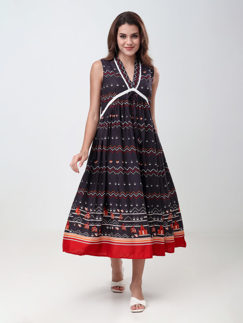 Women's Ethnic Printed Sleeveless Fit & Flare Midi Dress with V-Neck