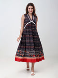 Women's Ethnic Printed Sleeveless Fit & Flare Midi Dress with V-Neck