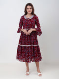Women's Floral Print Tiered Midi Dress with Lace Collar, Bell Sleeves & Tie Neck Casual Fit