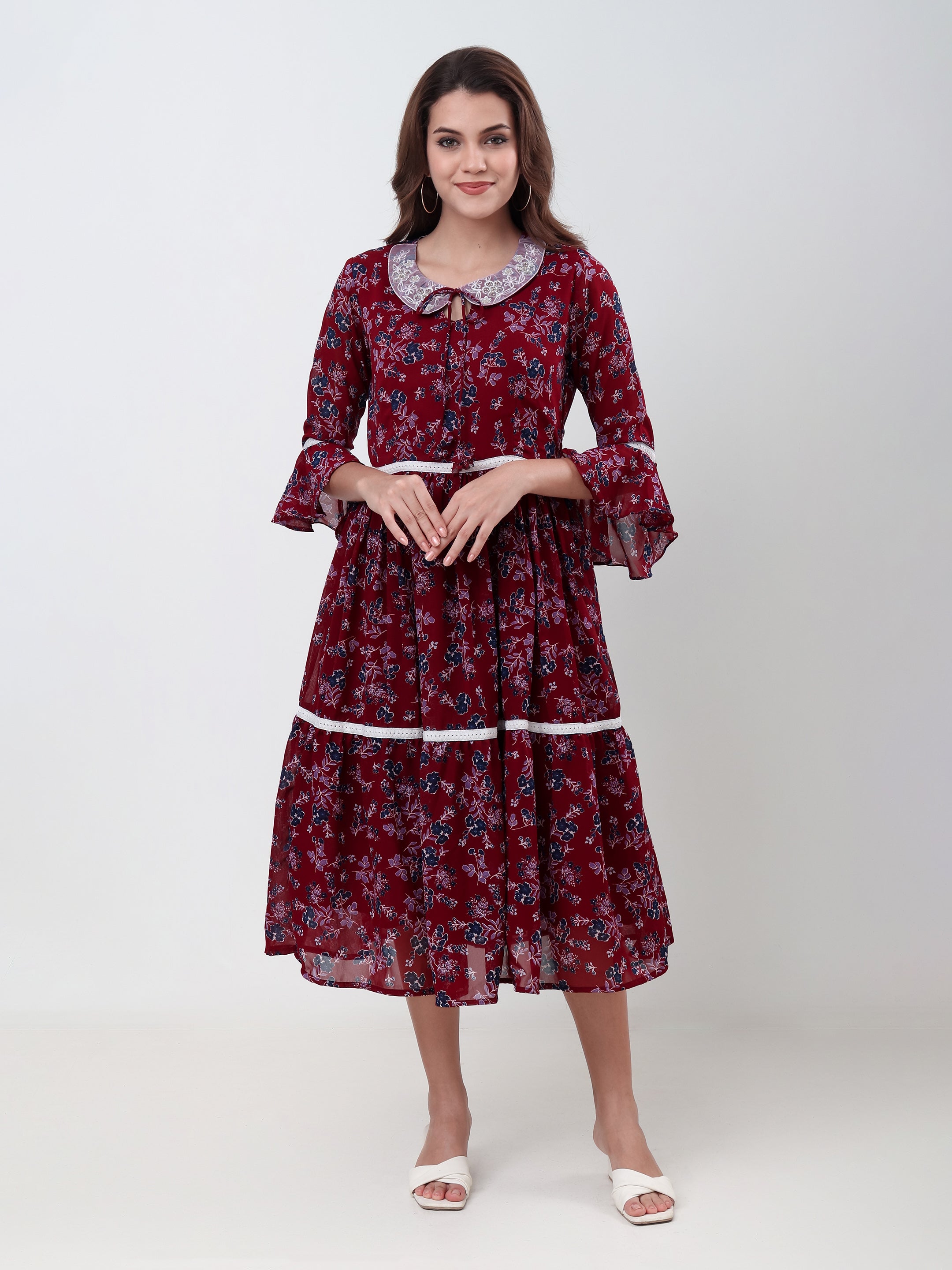 Women's Floral Print Tiered Midi Dress with Lace Collar, Bell Sleeves & Tie Neck Casual Fit