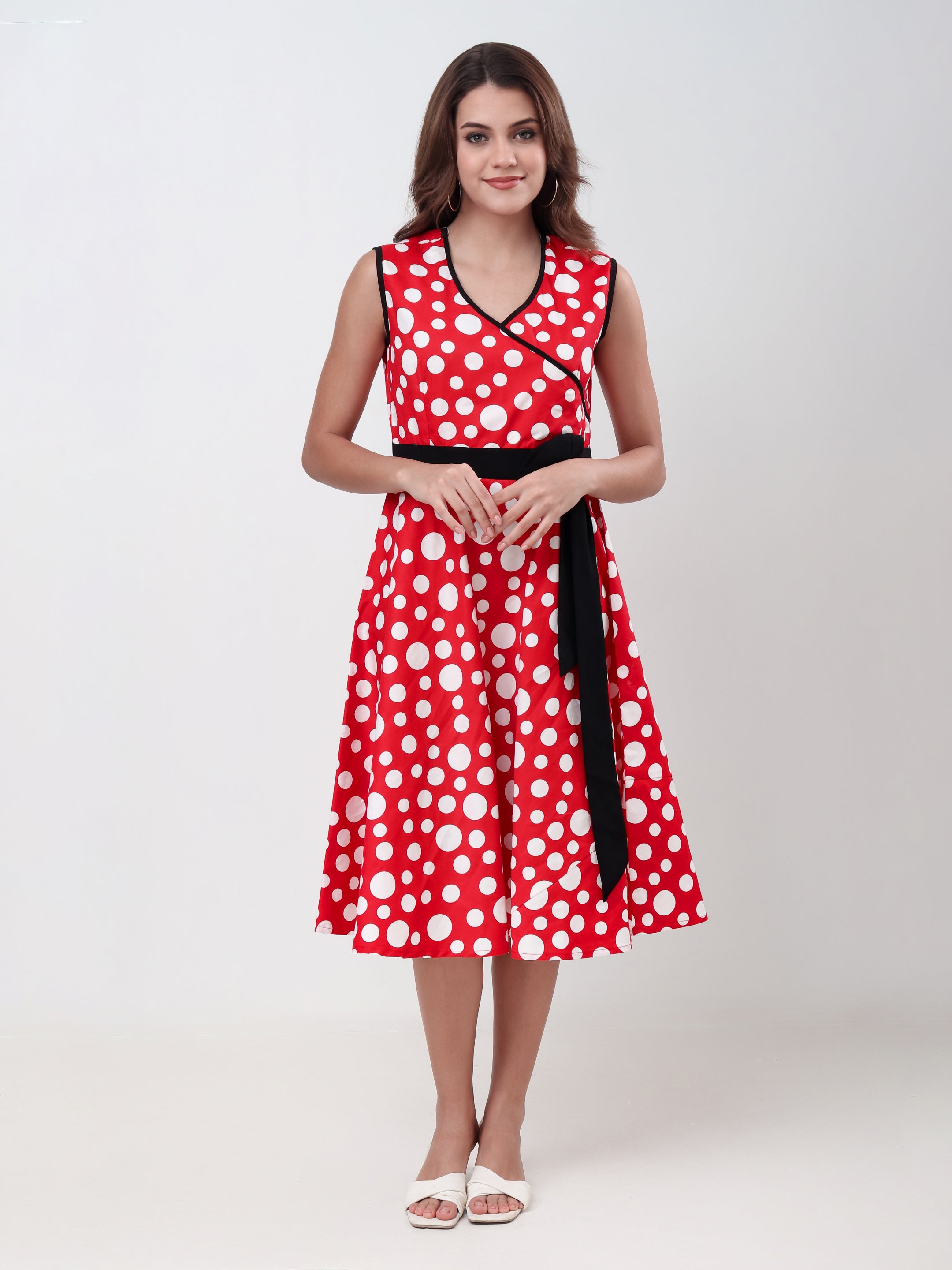 Women's Polka Dot Sleeveless Wrap Midi Dress with Waist Tie Elegant Casual Fit