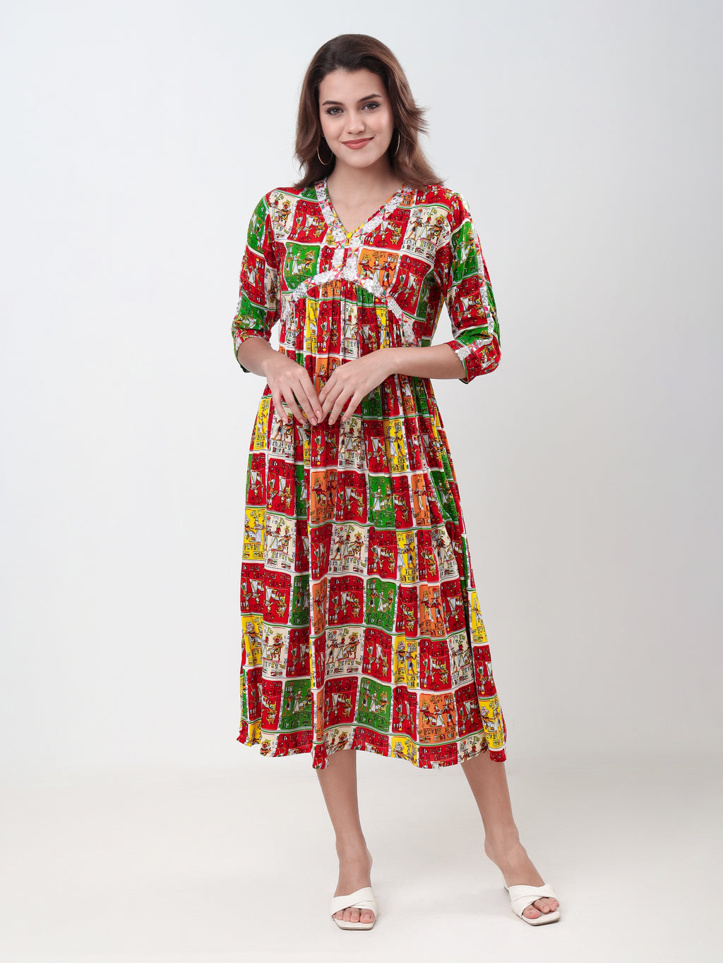Women's Ethnic Printed Fit & Flare Midi Dress with V-Neck & 3/4 Sleeves