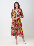Women's Ethnic Printed Fit & Flare Midi Dress with V-Neck & 3/4 Sleeves