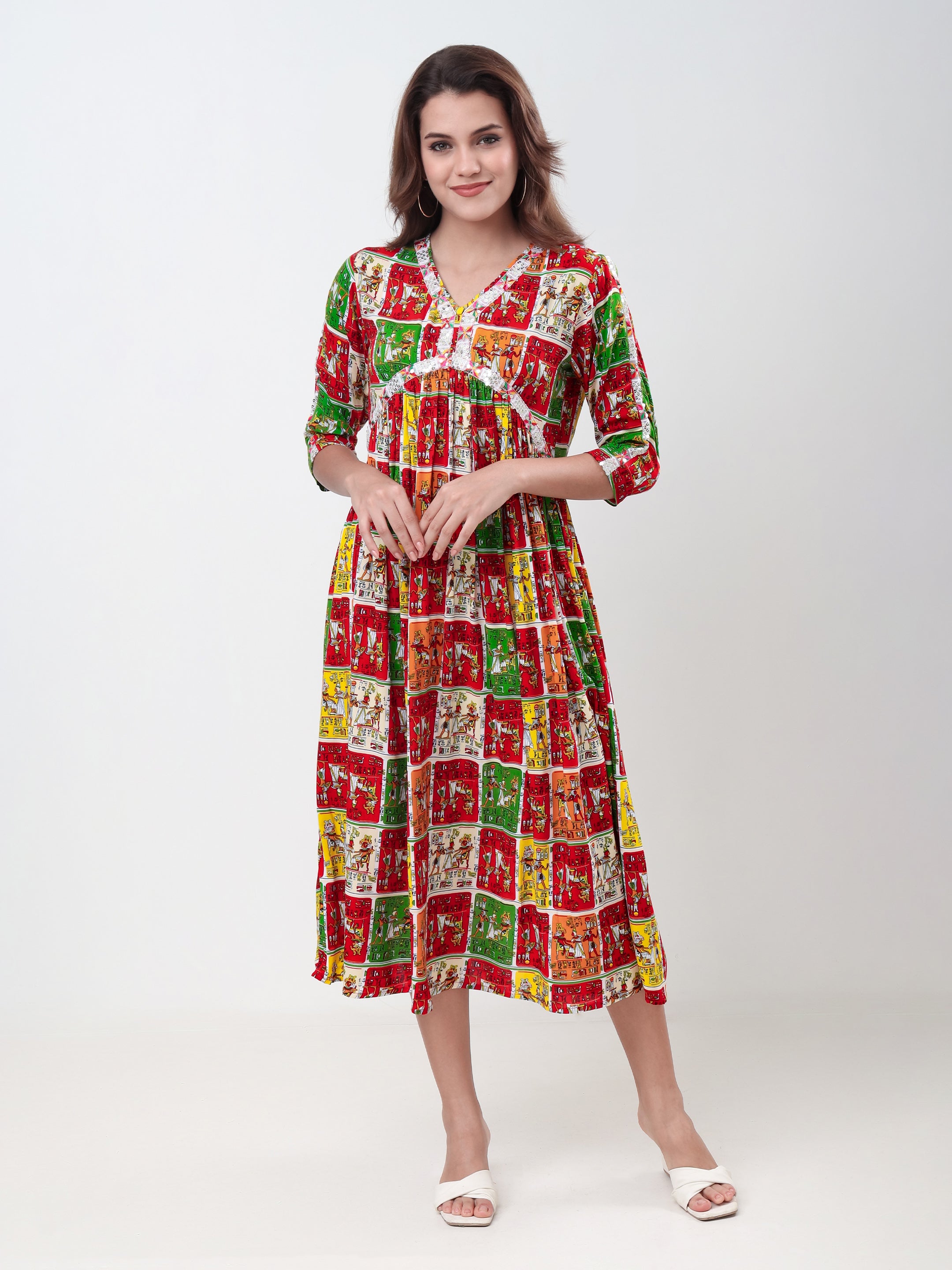 Women's Ethnic Printed Fit & Flare Midi Dress with V-Neck & 3/4 Sleeves