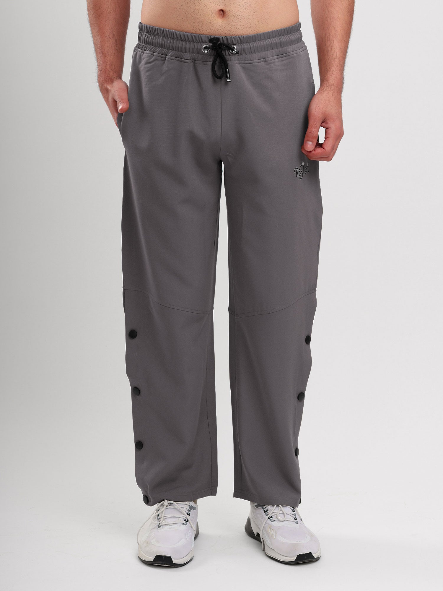 Men's Regular Fit Snap Button Track Pant with Elastic Waist, Drawstring & Straight Leg Design
