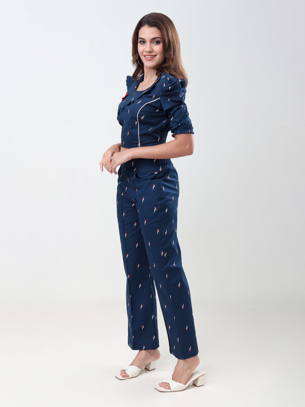Women's Printed Crop Top & Wide Leg Pants Co-Ord Set with Puff Sleeves