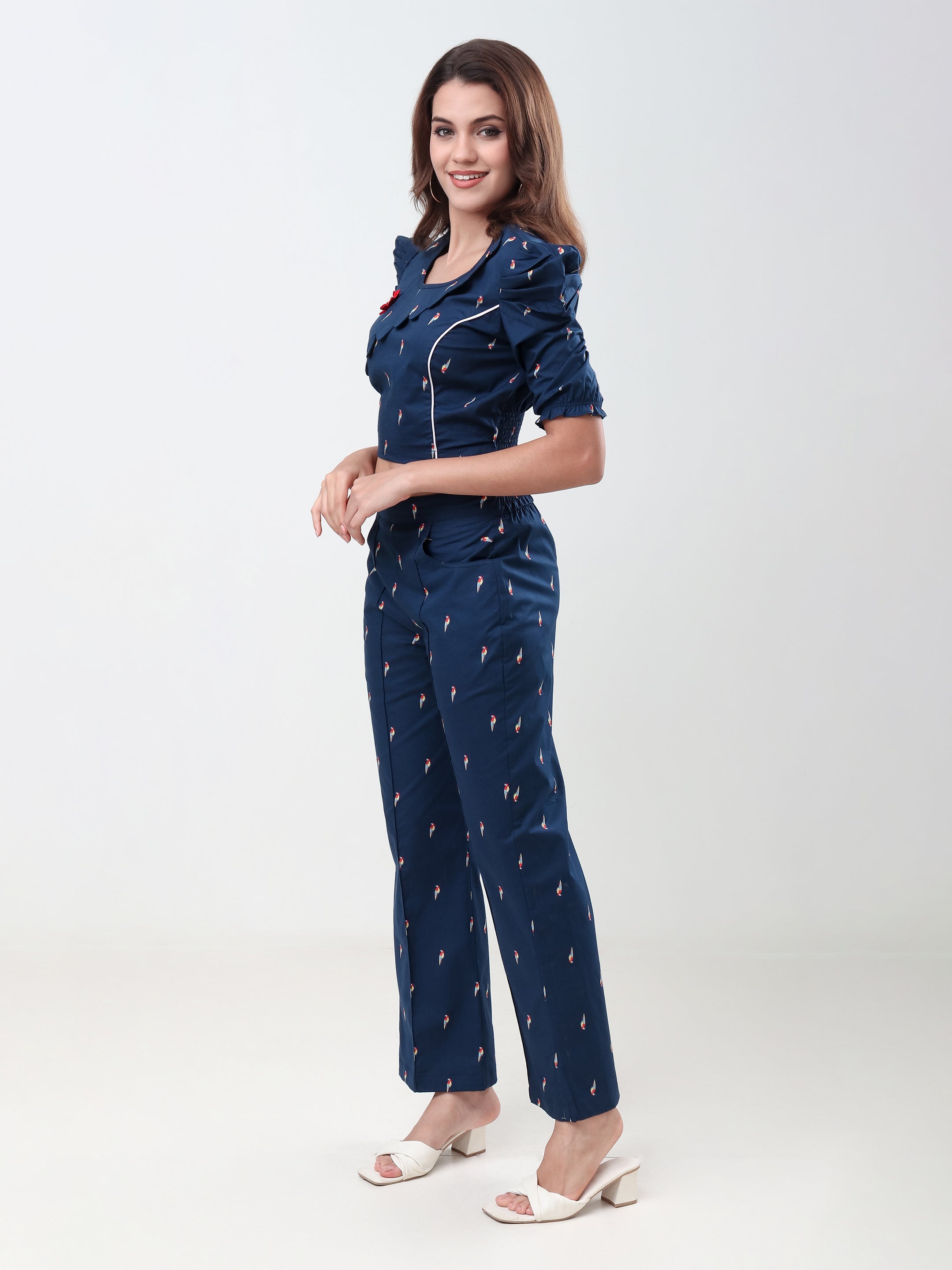 Women's Printed Crop Top & Wide Leg Pants Co-Ord Set with Puff Sleeves