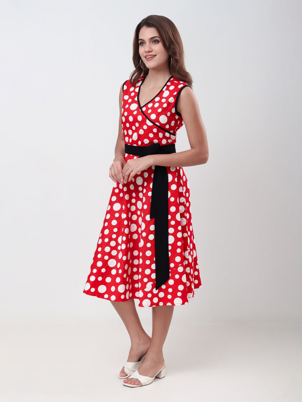 Women's Polka Dot Sleeveless Wrap Midi Dress with Waist Tie Elegant Casual Fit
