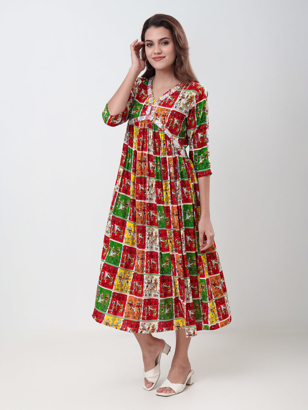 Women's Ethnic Printed Fit & Flare Midi Dress with V-Neck & 3/4 Sleeves