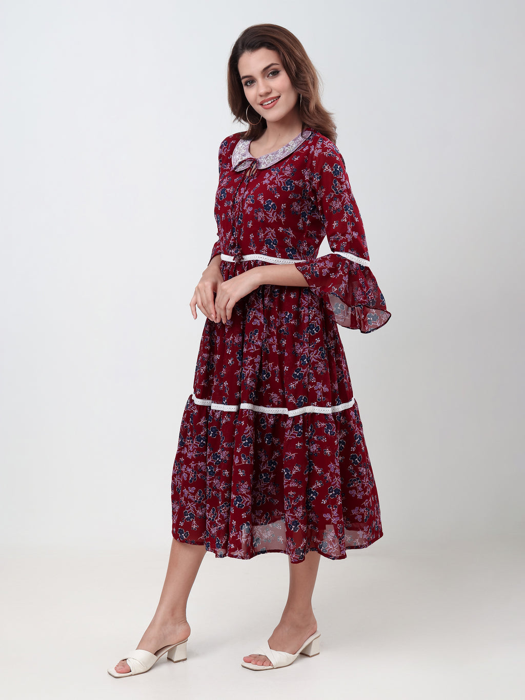 Women's Floral Print Tiered Midi Dress with Lace Collar, Bell Sleeves & Tie Neck Casual Fit