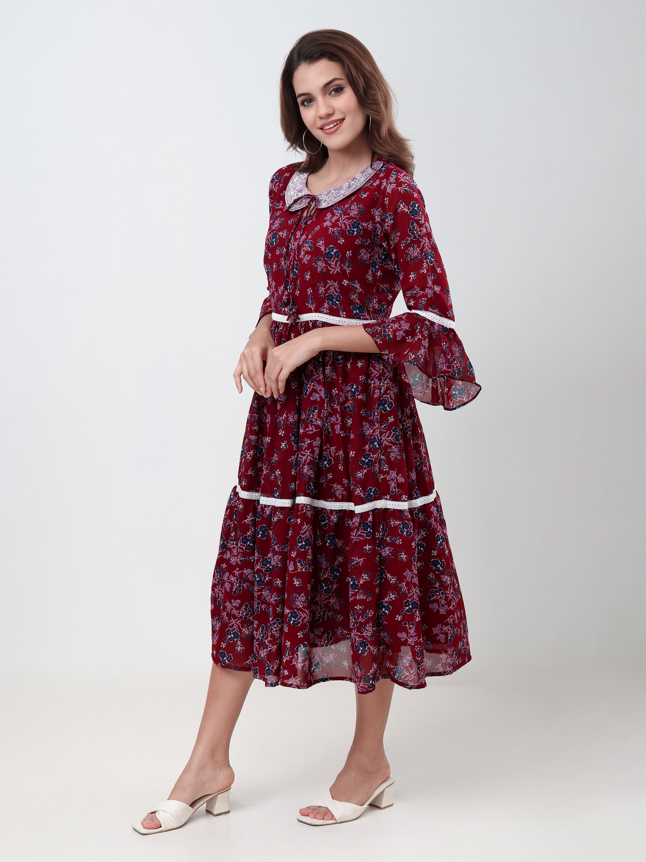 Women's Floral Print Tiered Midi Dress with Lace Collar, Bell Sleeves & Tie Neck Casual Fit