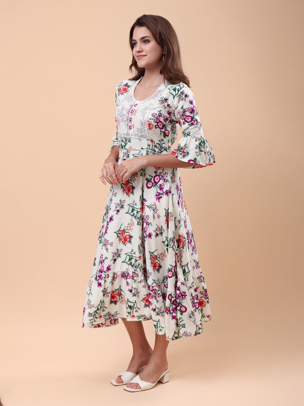 Women's Floral Print Midi Dress with Lace Yoke, Bell Sleeves & Flared Hem Casual Fit