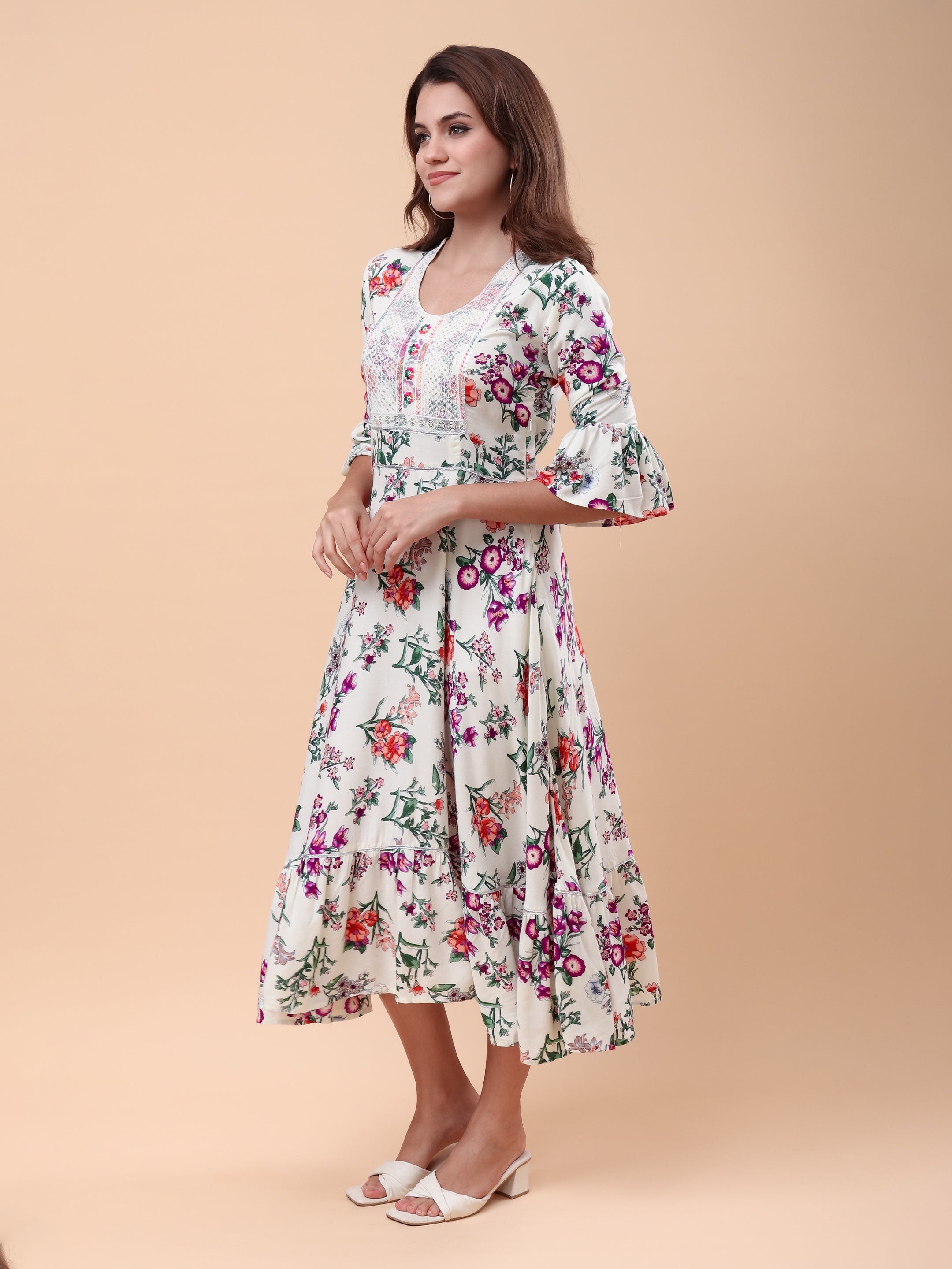 Women's Floral Print Midi Dress with Lace Yoke, Bell Sleeves & Flared Hem Casual Fit