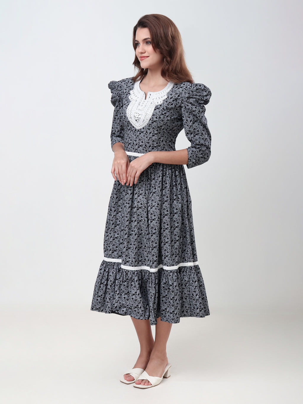 Women's Floral Printed A-Line Midi Dress with Puff Sleeves & Embroidered Round Neck
