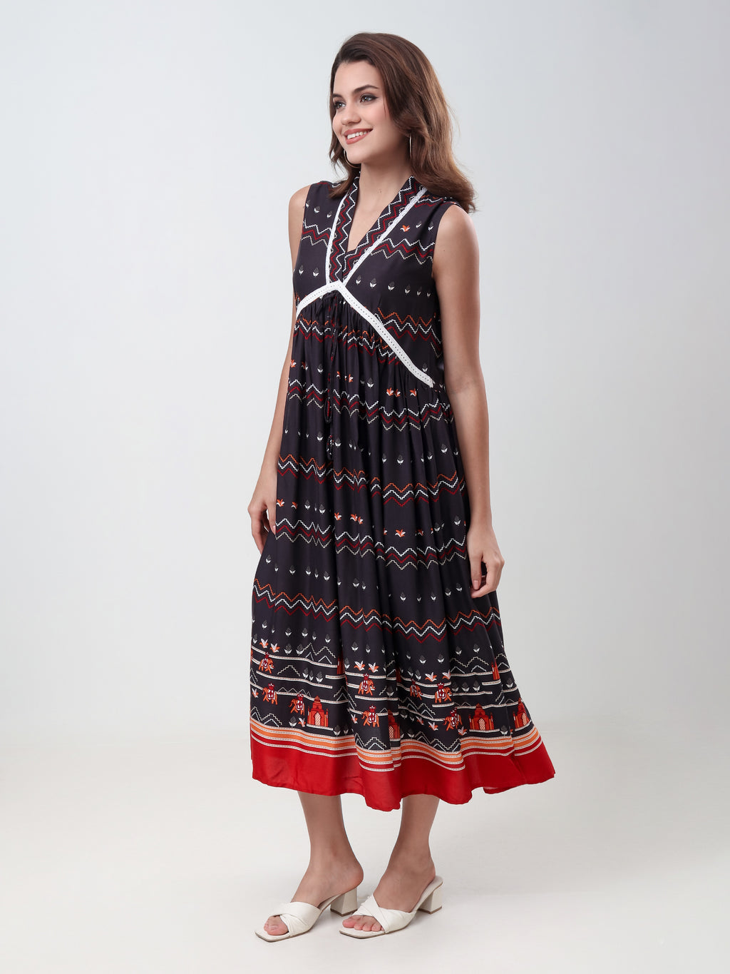 Women's Ethnic Printed Sleeveless Fit & Flare Midi Dress with V-Neck
