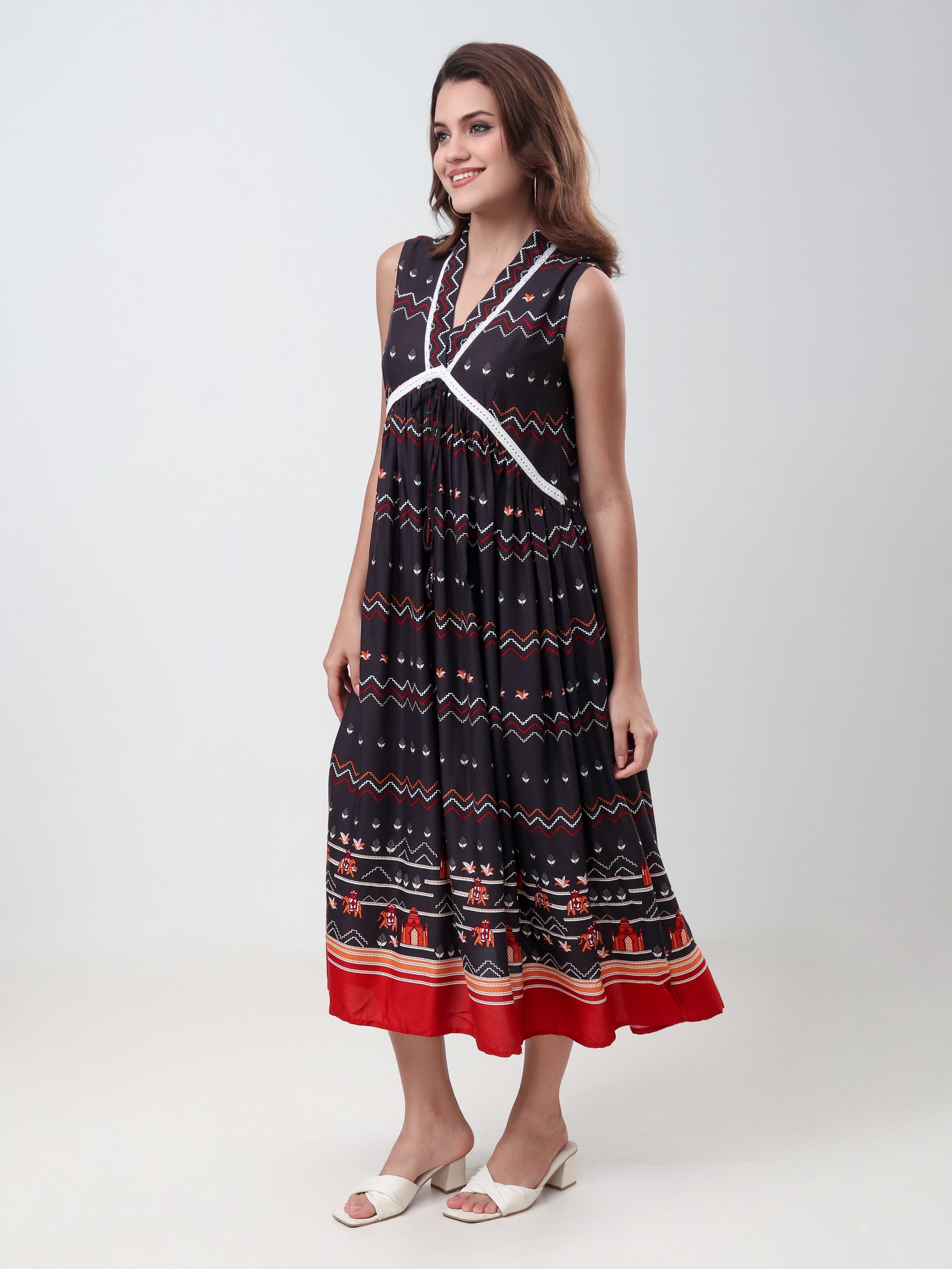 Women's Ethnic Printed Sleeveless Fit & Flare Midi Dress with V-Neck