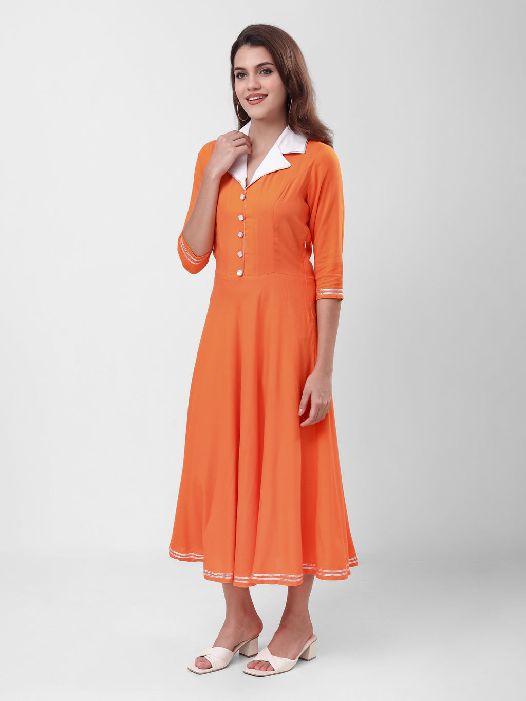 Women's A-Line Midi Dress with Contrast Collar, Front Button Detailing & 3/4 Sleeves