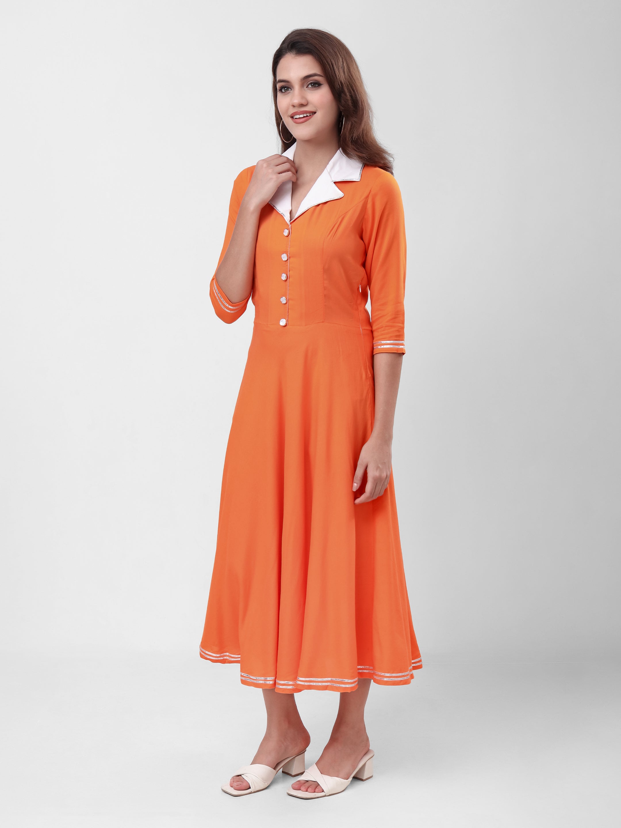 Women's A-Line Midi Dress with Contrast Collar, Front Button Detailing & 3/4 Sleeves