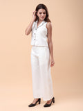 Women's White Sleeveless Co-Ord Set with Wide-Leg Pants