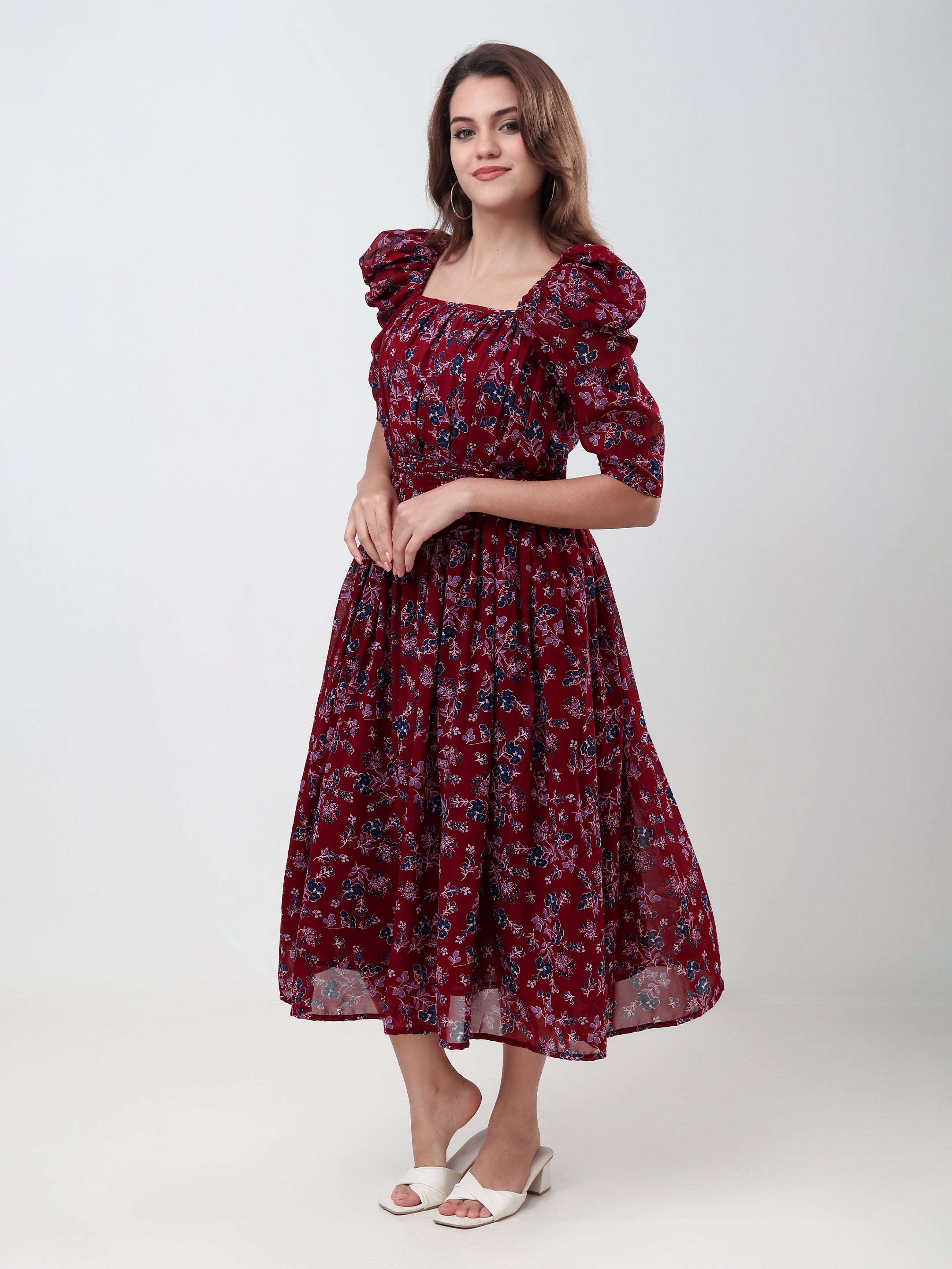 Women's Floral Printed Fit & Flare Midi Dress with Square Neck & Puff Sleeves