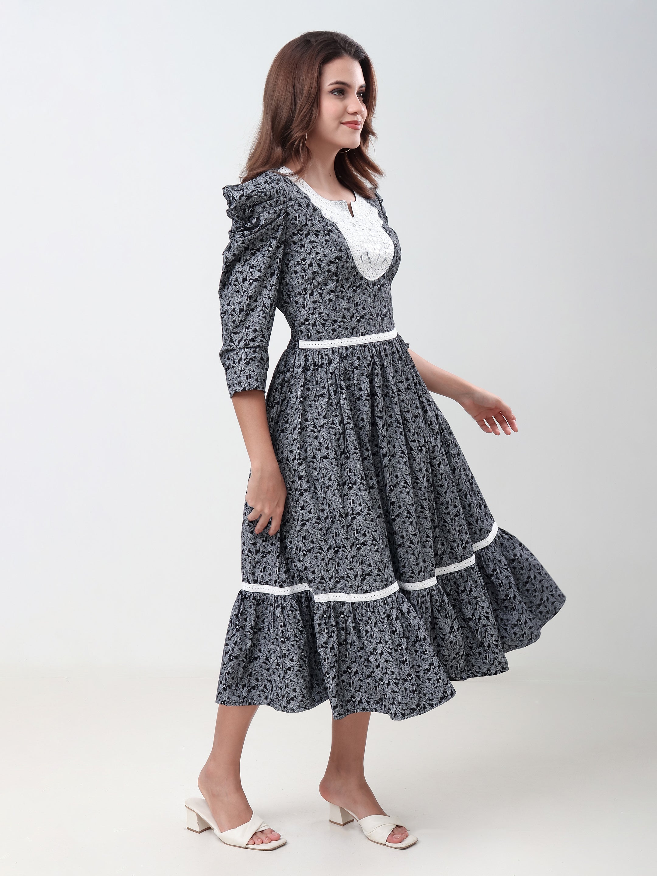 Women's Floral Printed A-Line Midi Dress with Puff Sleeves & Embroidered Round Neck