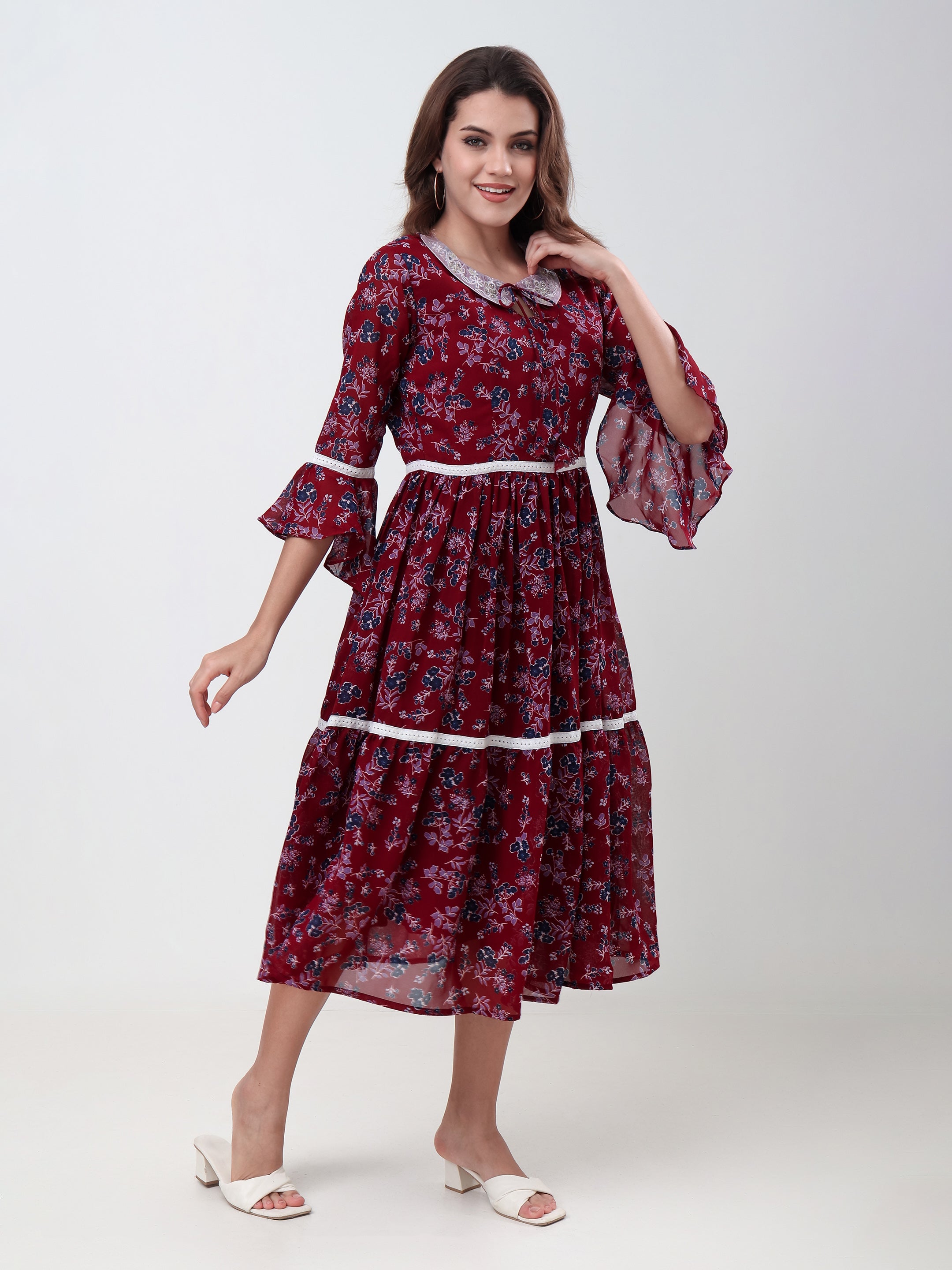 Women's Floral Print Tiered Midi Dress with Lace Collar, Bell Sleeves & Tie Neck Casual Fit