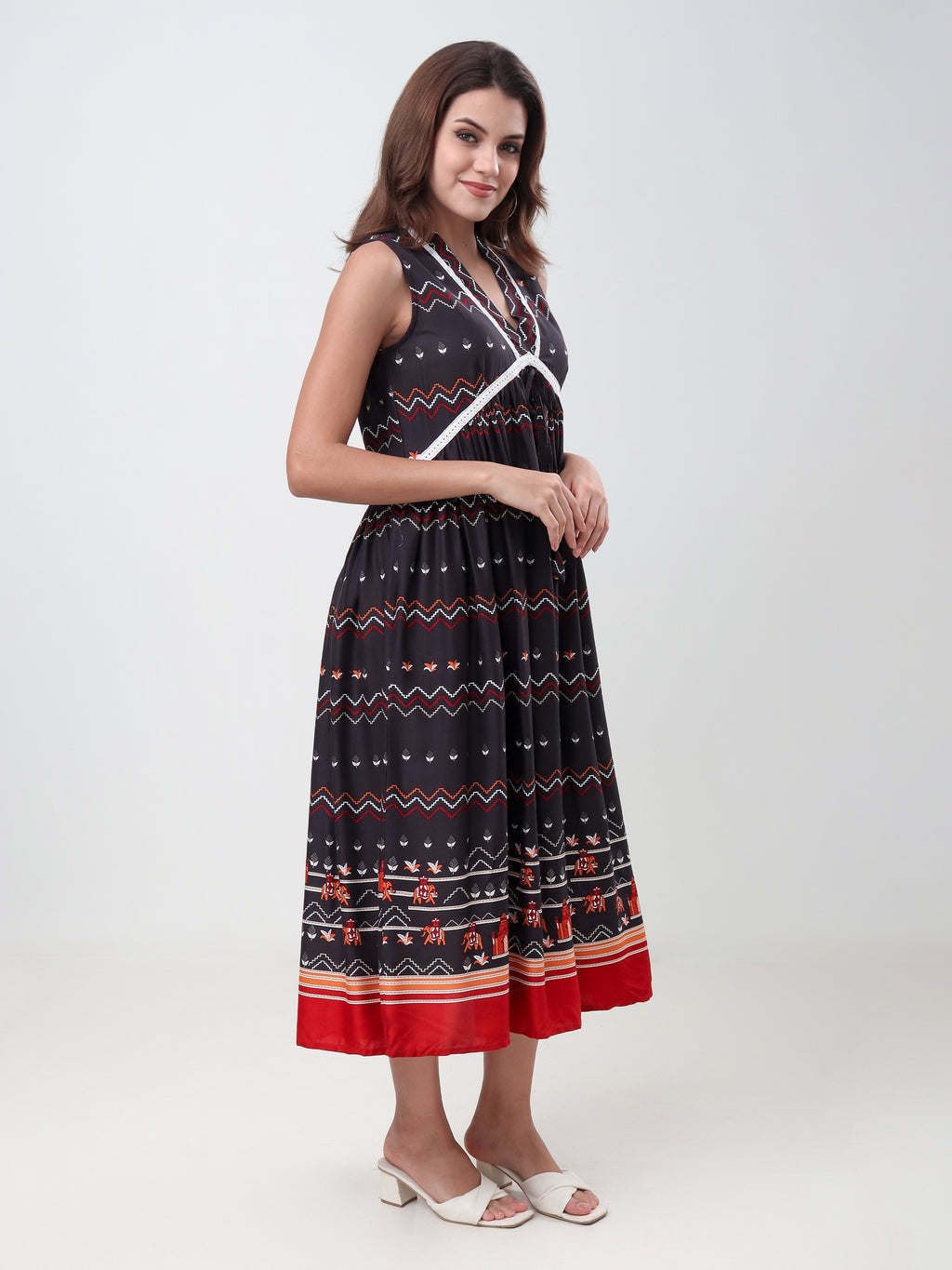 Women's Ethnic Printed Sleeveless Fit & Flare Midi Dress with V-Neck