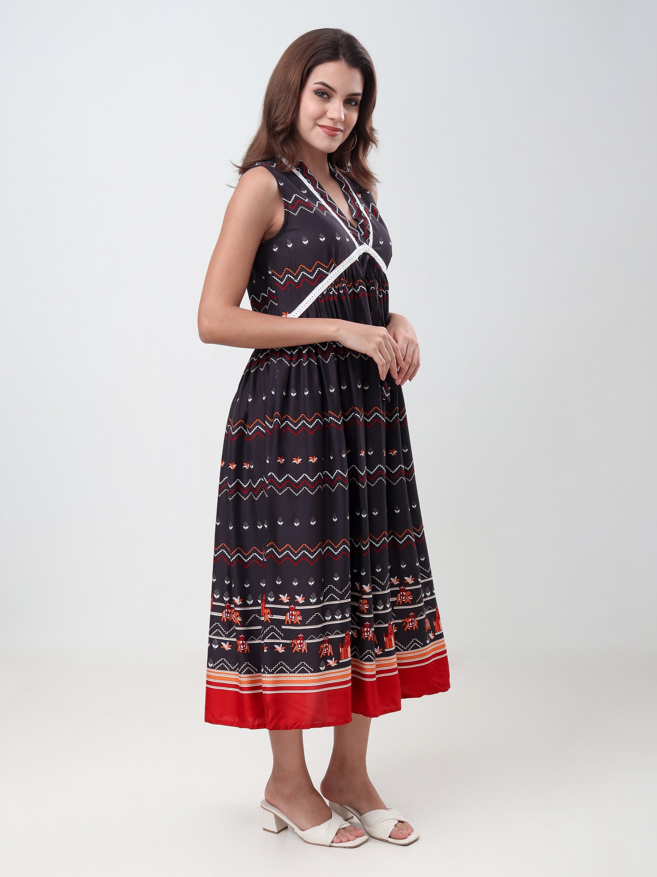 Women's Ethnic Printed Sleeveless Fit & Flare Midi Dress with V-Neck