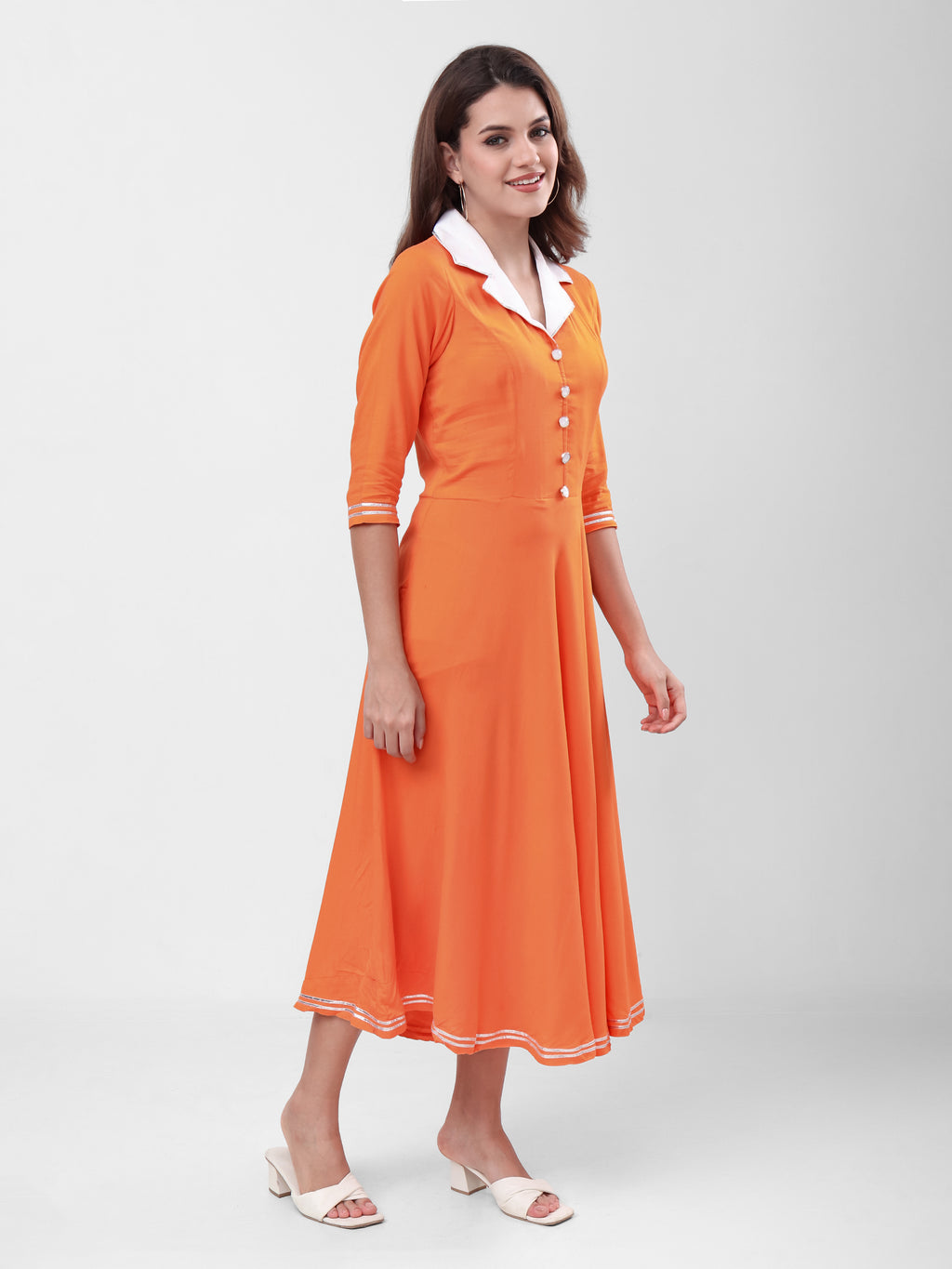 Women's A-Line Midi Dress with Contrast Collar, Front Button Detailing & 3/4 Sleeves