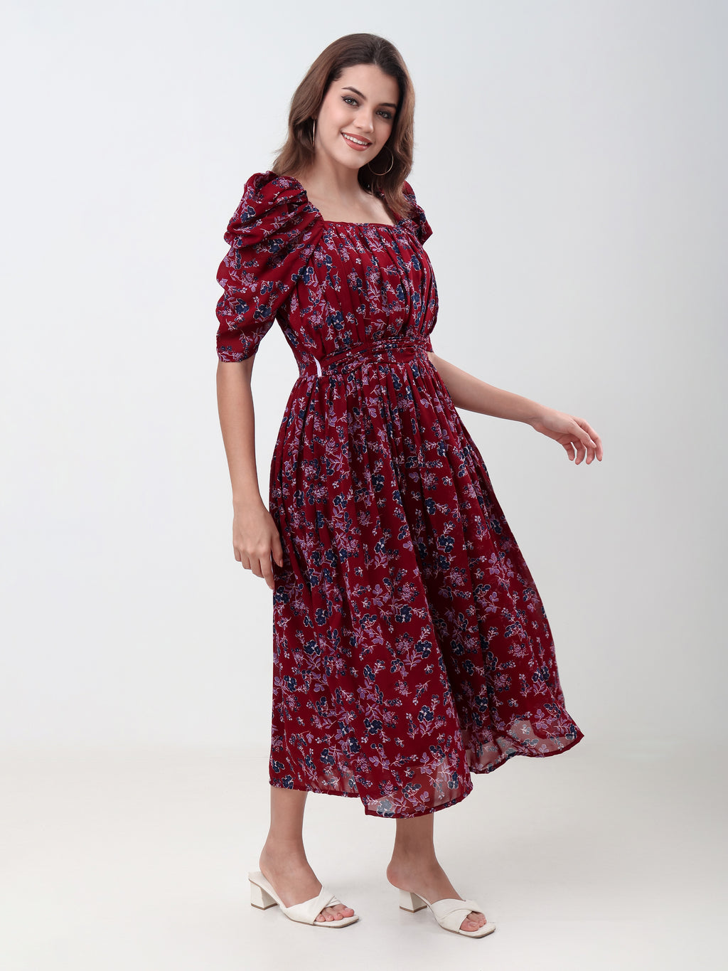 Women's Floral Printed Fit & Flare Midi Dress with Square Neck & Puff Sleeves