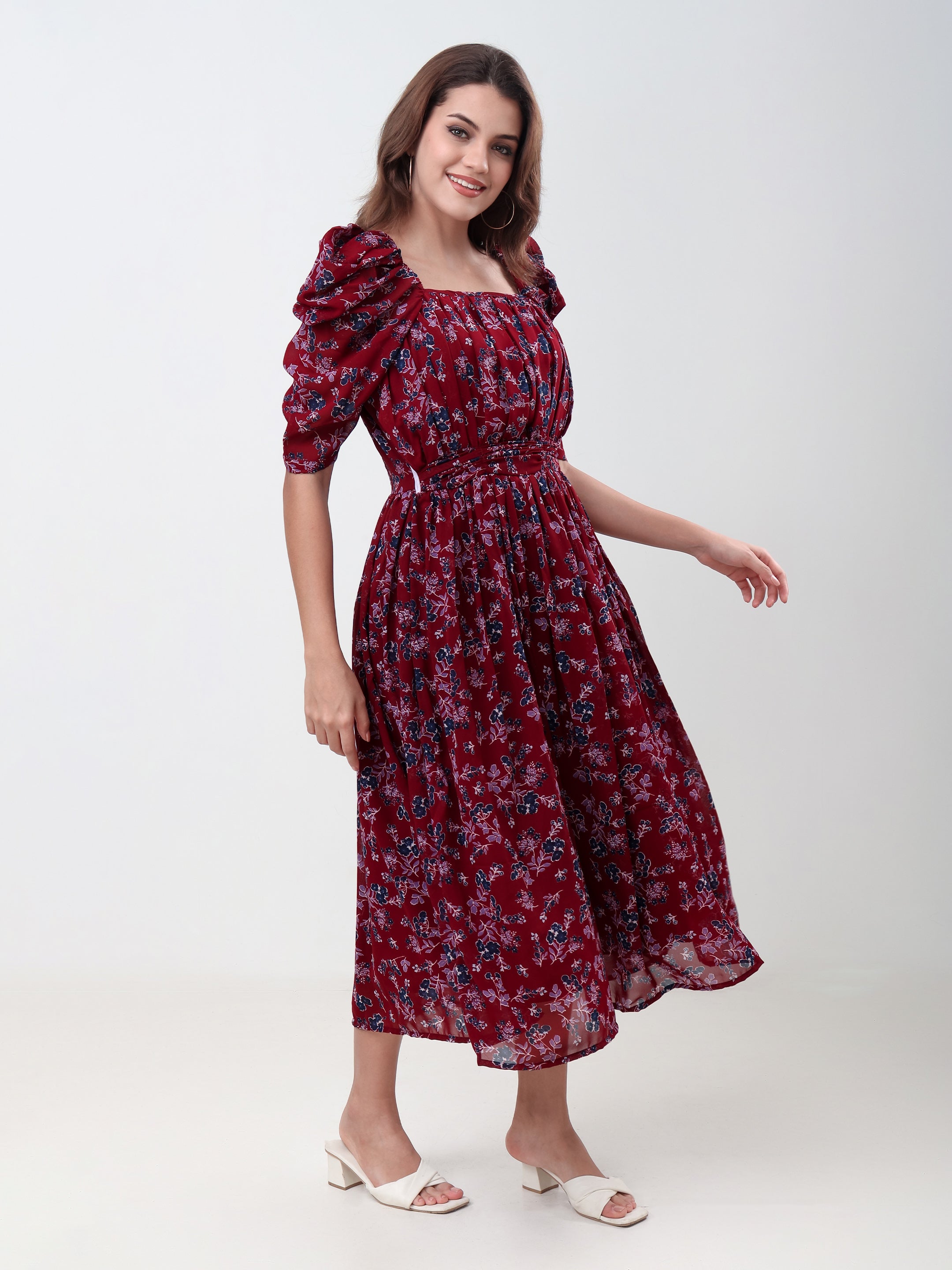 Women's Floral Printed Fit & Flare Midi Dress with Square Neck & Puff Sleeves