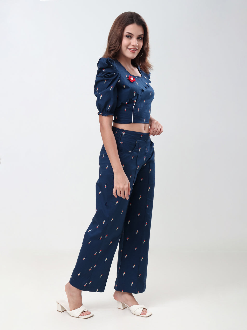 Women's Printed Crop Top & Wide Leg Pants Co-Ord Set with Puff Sleeves
