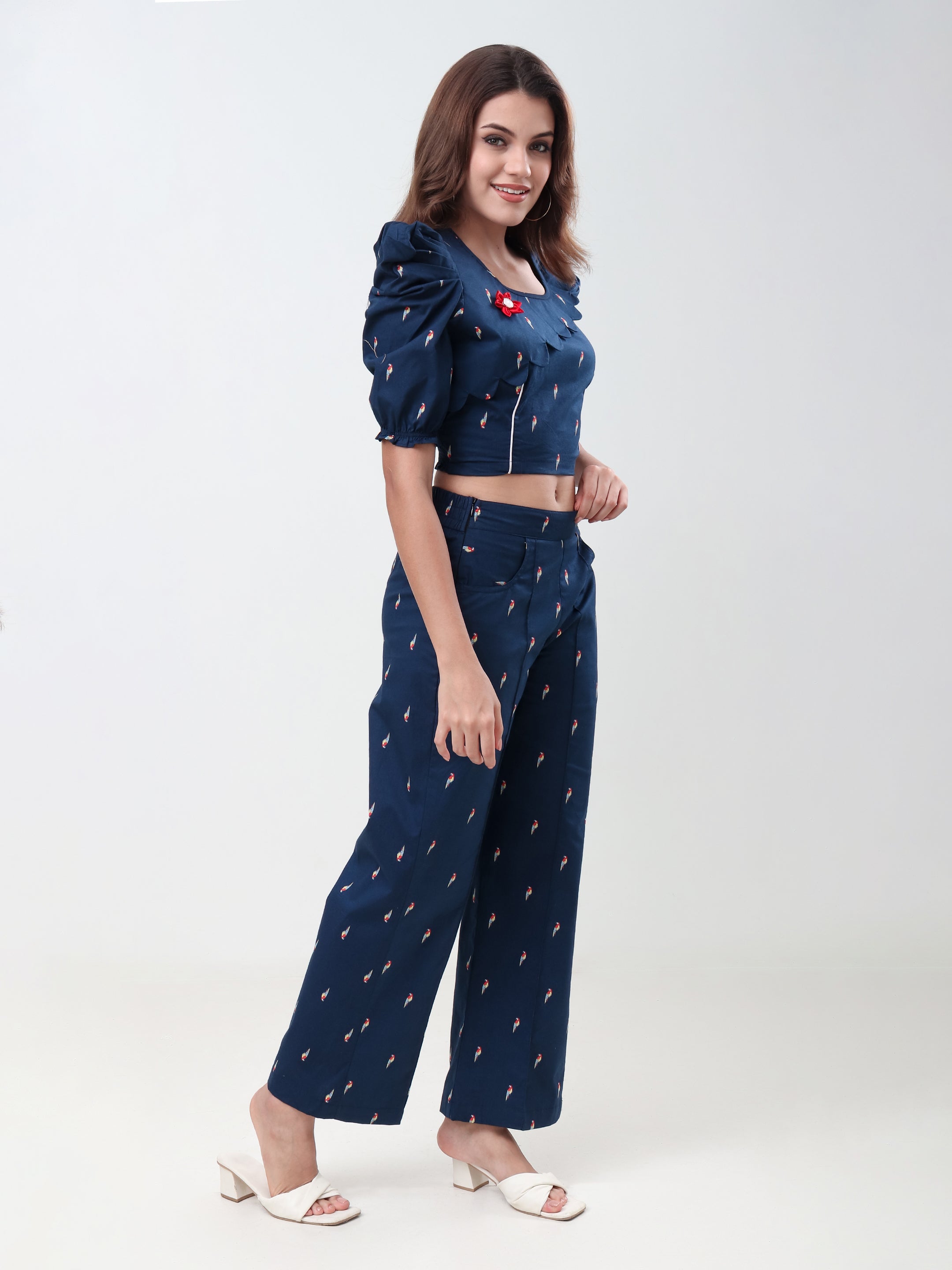 Women's Printed Crop Top & Wide Leg Pants Co-Ord Set with Puff Sleeves