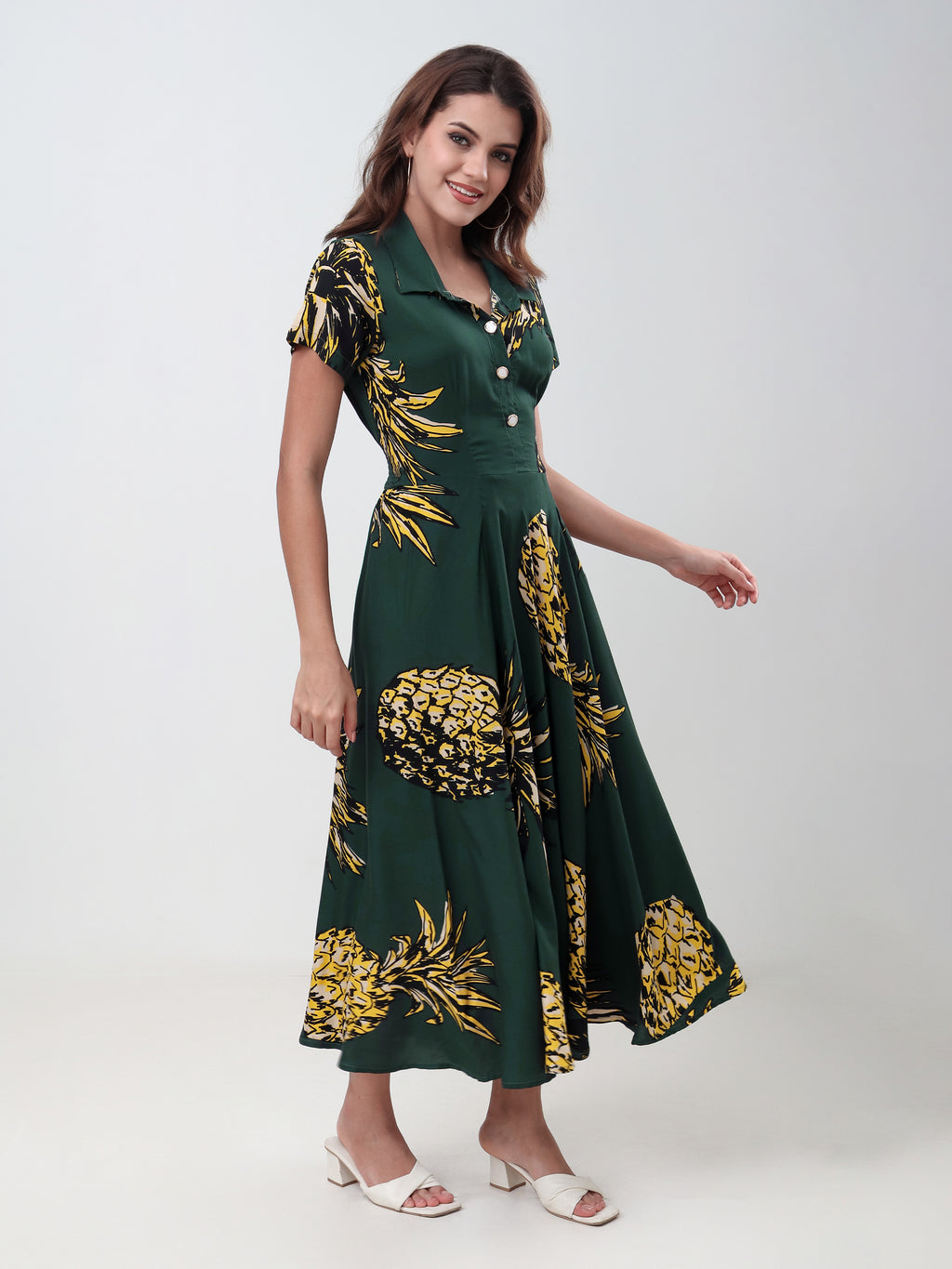 Women's Printed Collared A-Line Midi Dress with Short Sleeves & Button Detail
