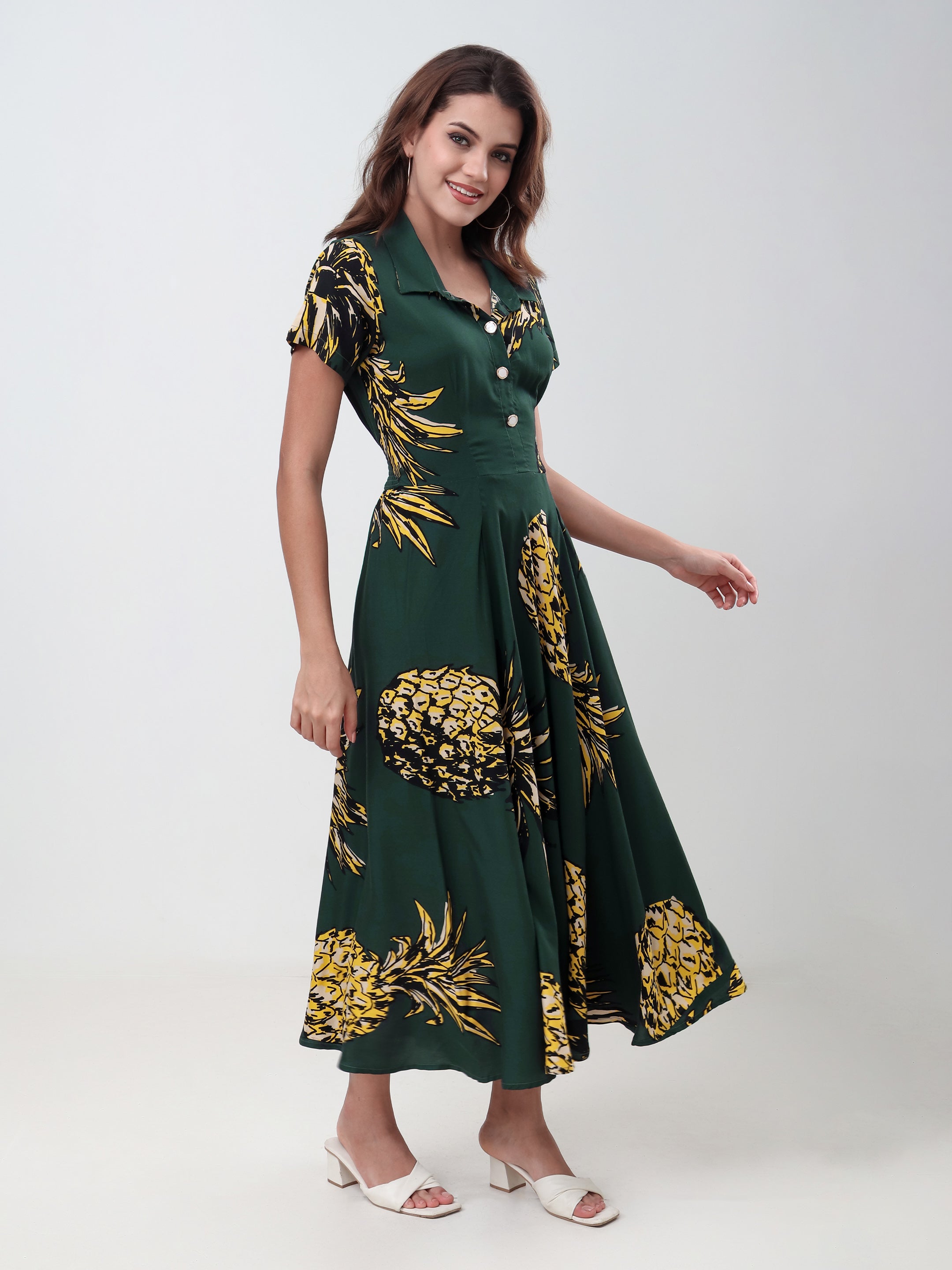 Women's Printed Collared A-Line Midi Dress with Short Sleeves & Button Detail