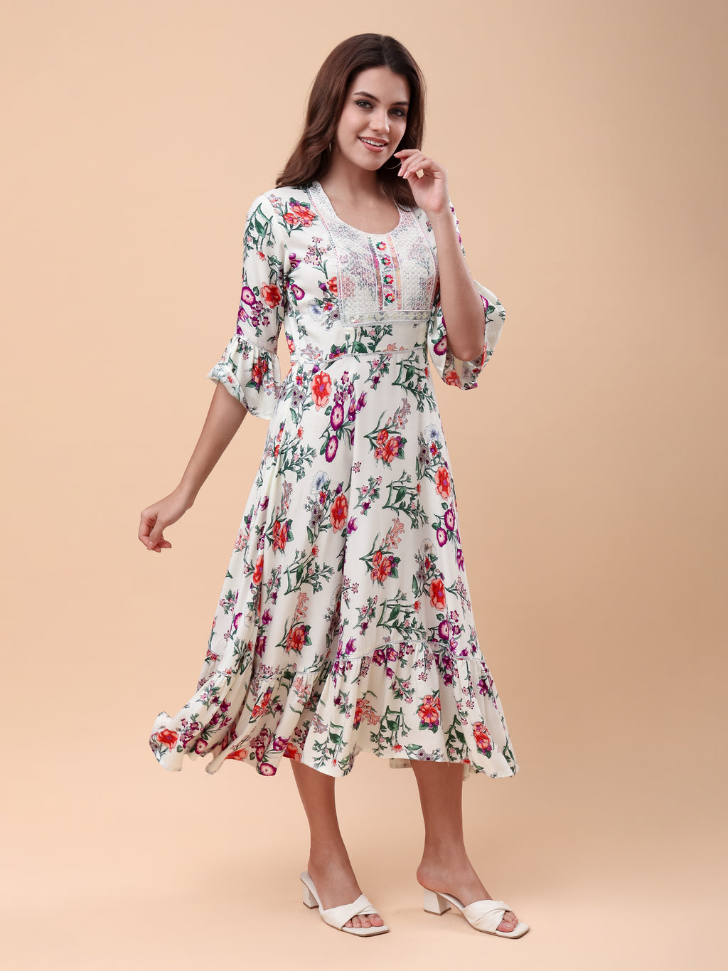 Women's Floral Print Midi Dress with Lace Yoke, Bell Sleeves & Flared Hem Casual Fit