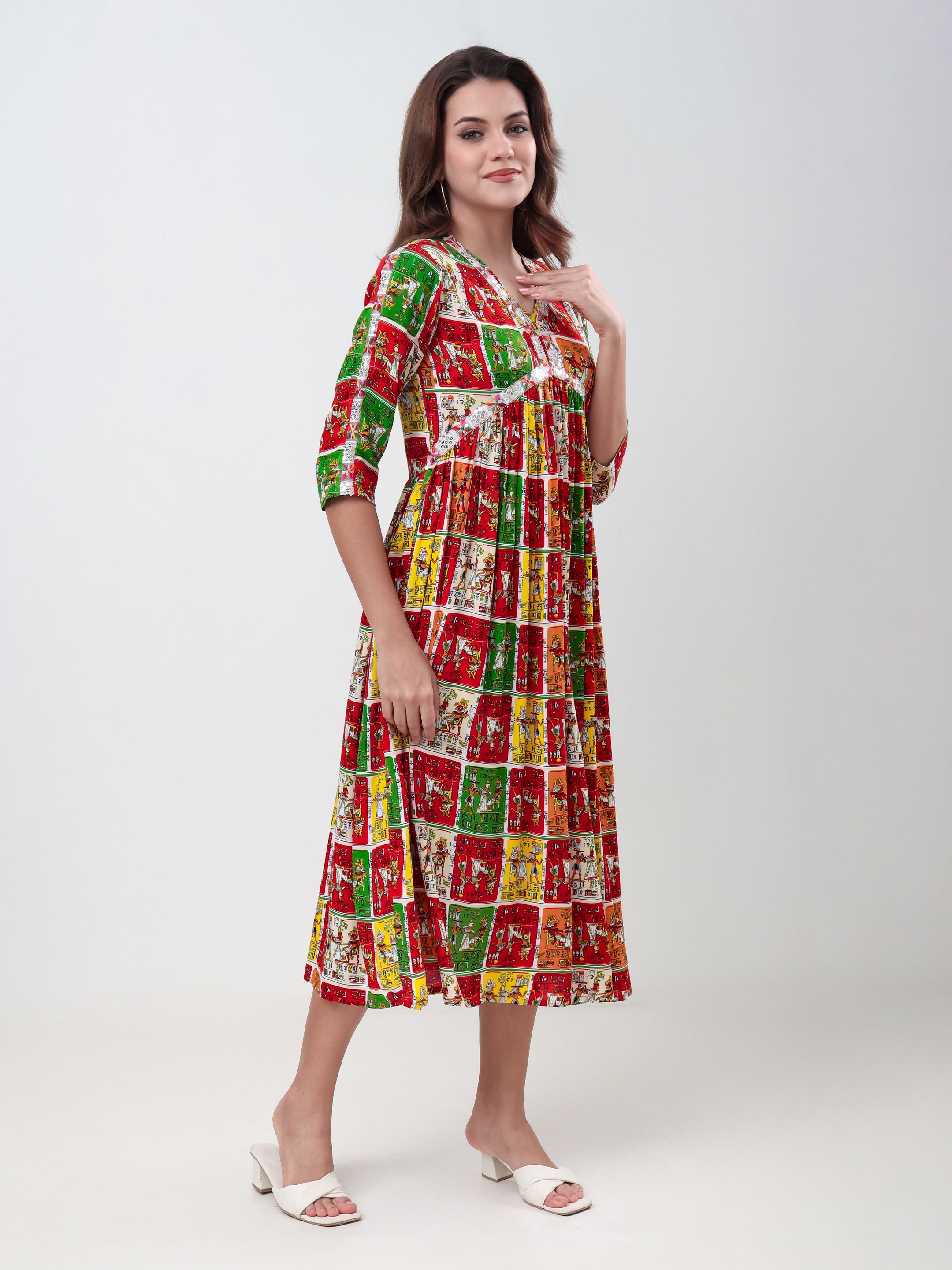 Women's Ethnic Printed Fit & Flare Midi Dress with V-Neck & 3/4 Sleeves
