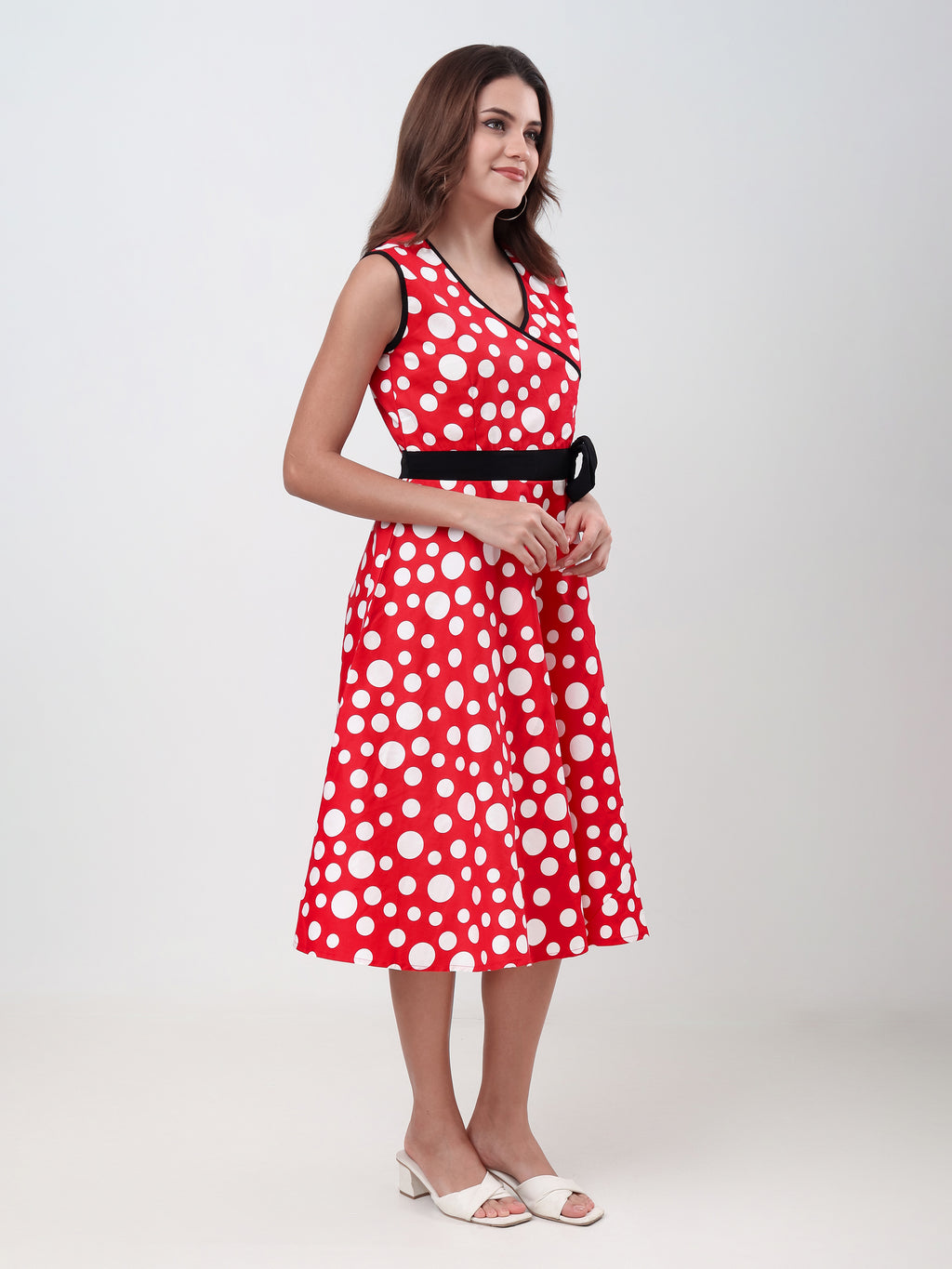 Women's Polka Dot Sleeveless Wrap Midi Dress with Waist Tie Elegant Casual Fit