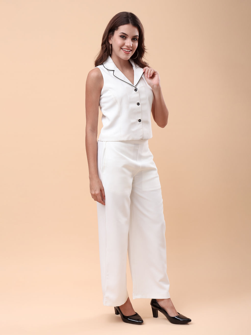 Women's White Sleeveless Co-Ord Set with Wide-Leg Pants